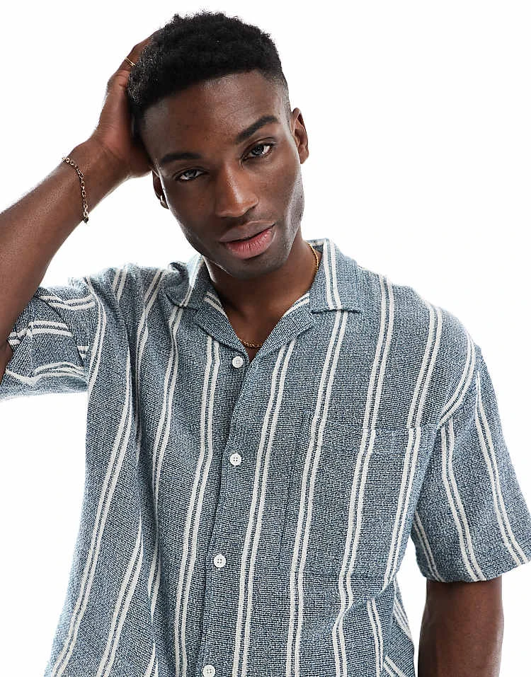 Pull&Bear Revere Collar Short Sleeve Shirt In Blue Stripe For Men 3 Pull&Bear Revere Collar Short Sleeve Shirt In Blue Stripe For Men