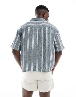 Pull&Bear Revere Collar Short Sleeve Shirt In Blue Stripe For Men 9 Pull&Bear Revere Collar Short Sleeve Shirt In Blue Stripe For Men -Pull&Bear Sales 208328949 3