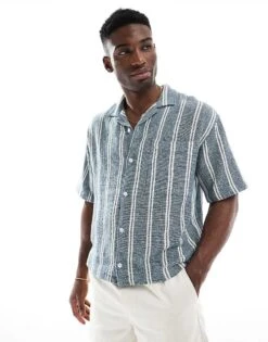 Pull&Bear Revere Collar Short Sleeve Shirt In Blue Stripe For Men 10 Pull&Bear Revere Collar Short Sleeve Shirt In Blue Stripe For Men -Pull&Bear Sales 208328949 4